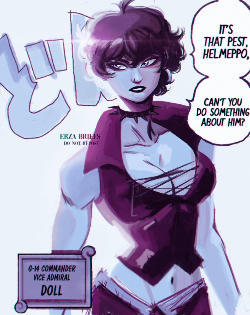 1girl, absurdres, artist_name, black_hair, black_lips, character_name, collar, crop_top, doll_(one_piece), earrings, english_text, erza_briefs, highres, jacket, jewelry, lipstick, makeup, one_piece, short_hair, solo, speech_bubble, spiked_collar, spikes