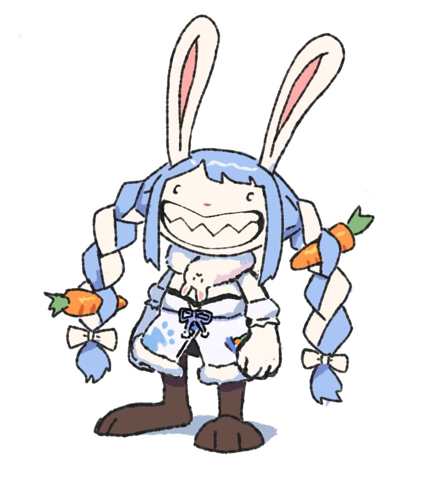 1boy, animal_ears, blue_hair, braid, carrot_hair_ornament, clenched_teeth, commentary, cosplay