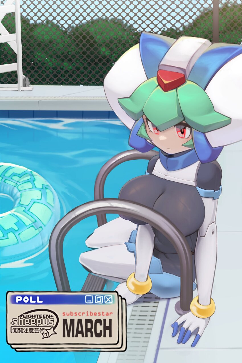 1girl, armor, artist_logo, black_bodysuit, bodysuit, breasts, breasts_out, convenient_censoring, covered_erect_nipples, crop_top, female_focus, forehead_jewel, green_hair, helmet, highres, large_breasts, logo, mega_man_(series), mega_man_zx, model_w_(mega_man), pandora_(mega_man), pool, power_armor, red_eyes, sheepus, skin_tight, subscribestar_username, swim_ring, white_armor, white_helmet