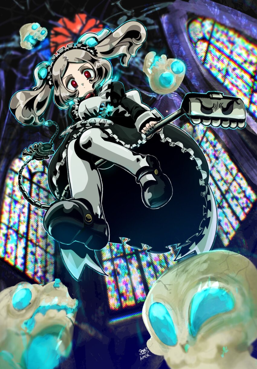 1girl, bloody_marie_(skullgirls), brooch, cathedral, church, dress, energy, floating, frilled_dress, frills, full_body, glowing, glowing_eyes, grey_hair, highres, indoors, jewelry, kimoppo_(kmzk), looking_at_viewer, looking_down, maid_headdress, mary_janes, pantyhose, red_eyes, ribs, shoes, skeleton, skull, skullgirls, solo, stained_glass, twintails, vacuum_cleaner