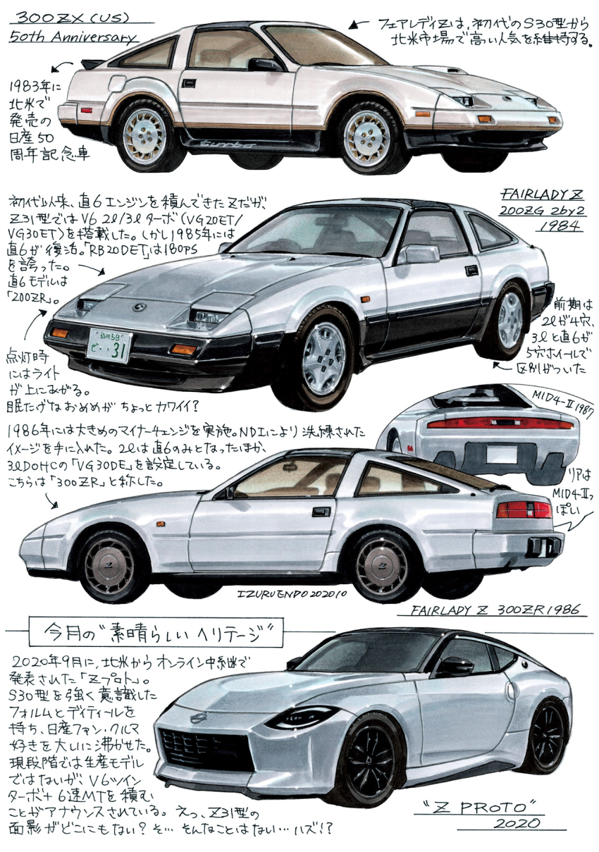 1983, 1984_(year), 1986, 2020, arrow_(symbol), car, endo_izuru, english_text, highres, motor_vehicle, multiple_views, nissan, nissan_300zx, nissan_300zx_(z31), nissan_fairlady_z, nissan_z_(rz34), no_humans, original, sports_car, translation_request, vehicle_focus, white_background