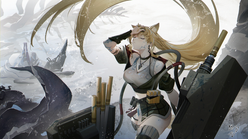 1girl, absurdly_long_hair, absurdres, ammunition_pouch, animal_ear_fluff, animal_ears, arknights, arm_up