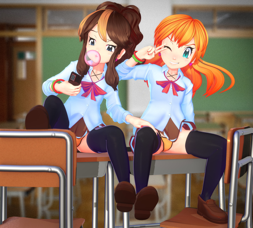 2girls, absurdres, asymmetrical_hair, banchouforte, breasts, brown_hair, cellphone, hair_tie