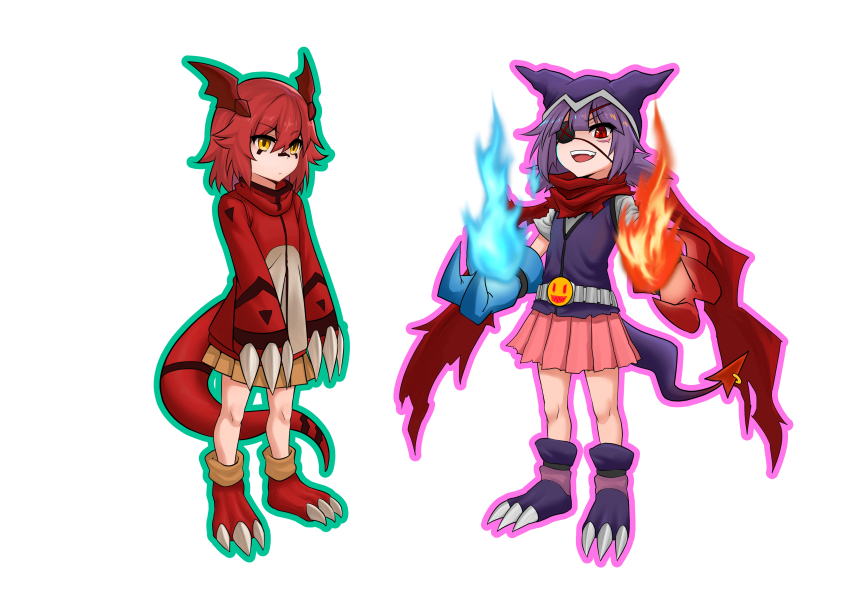 2girls, absurdres, chuunibyou, claws, digimon, guilmon, guilmon_x-antibody, highres, impmon, impmon_x-antibody, multiple_girls, personification, scarf, short_hair, skirt, smile, tail