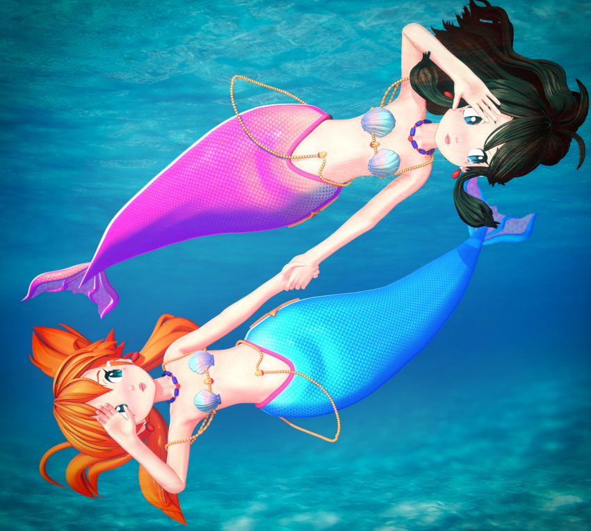 2girls, absurdres, banchouforte, bikini, blue_tail, brown_hair, earrings, flat_chest
