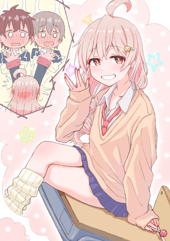 1girl, 2boys, ahoge, blue_skirt, blush, brown_eyes, brown_hair, candy