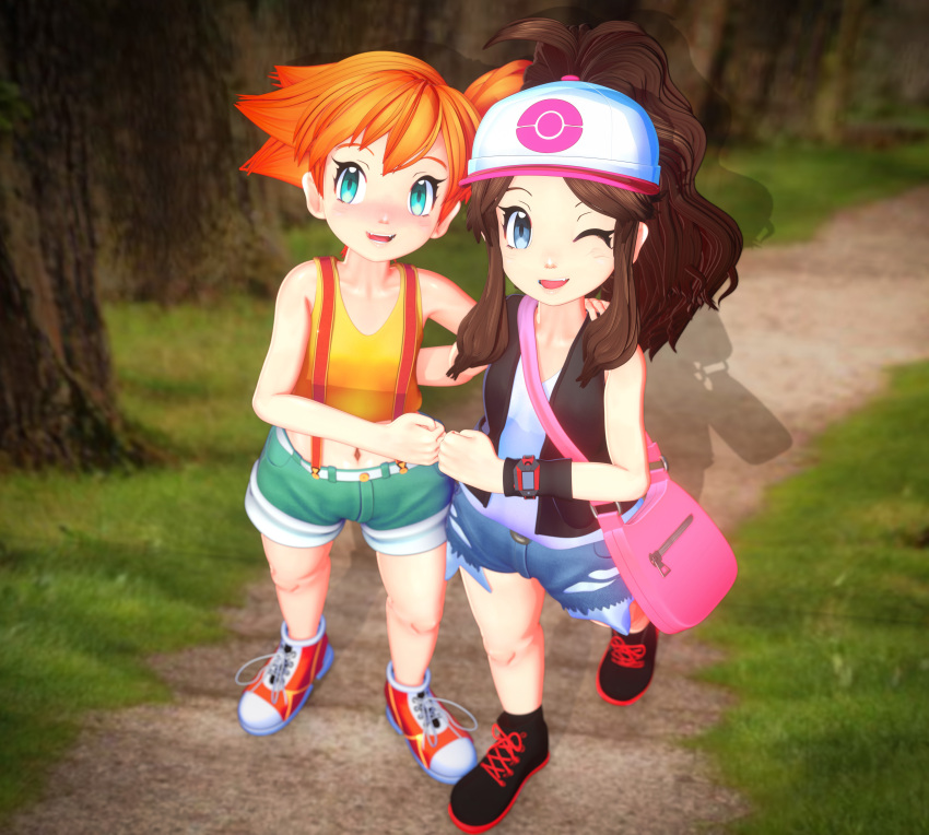 2girls, absurdres, asymmetrical_hair, banchouforte, bare_arms, bare_legs, bare_shoulders, baseball_cap