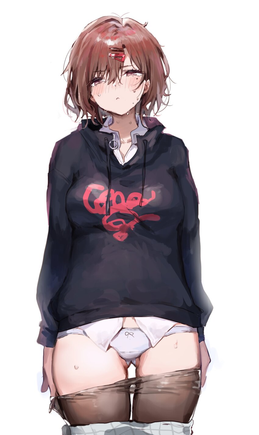 1girl, absurdres, black_shirt, blush, breasts, brown_hair, clothes_pull, commentary