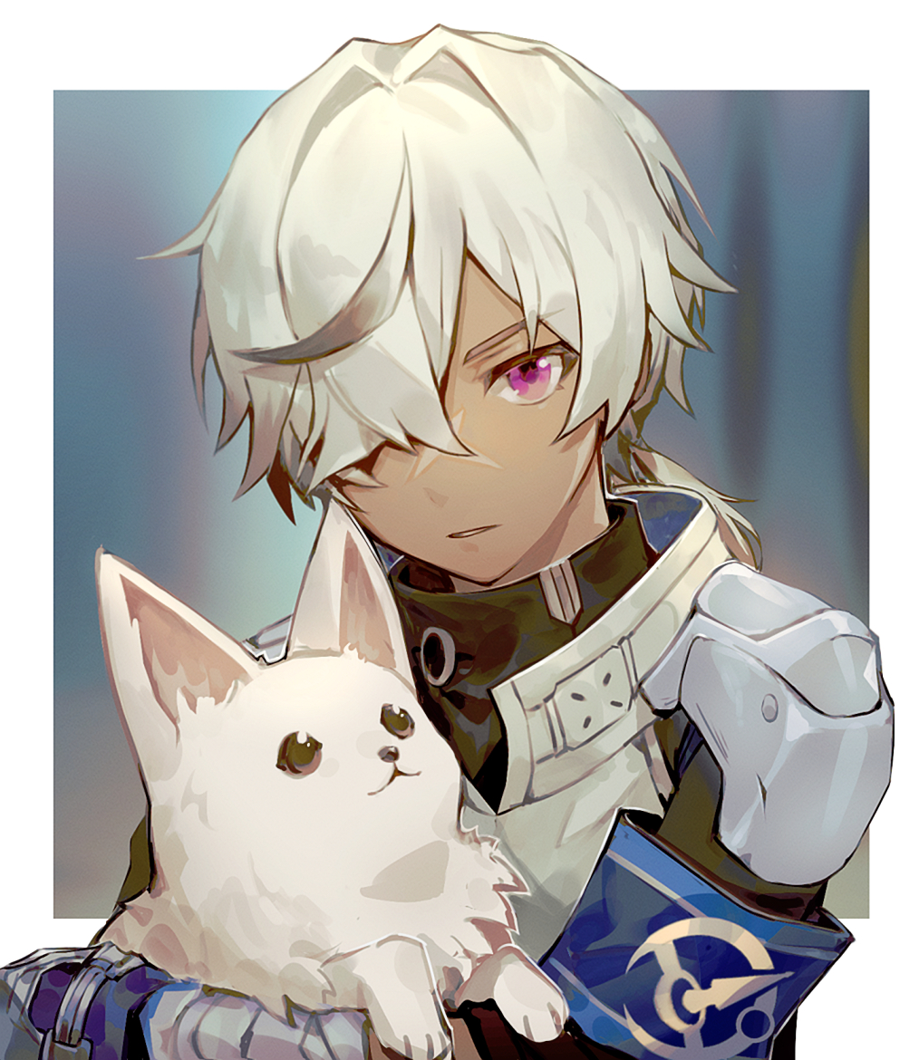 1boy, arlan_(honkai:_star_rail), armband, armor, blurry, blurry_background, border, commentary