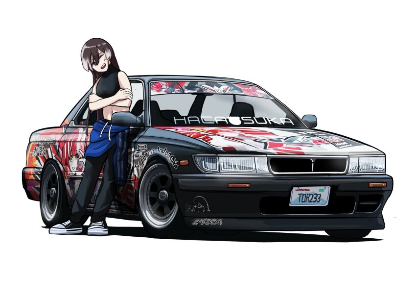 1girl, airfryer1892, breasts, brown_eyes, car, commission, copyright_name, cropped_shirt, crossed_arms, gradient_hair, grey_hair, head_tilt, highres, hololive, hololive_english, hololive_indonesia, itasha, kureiji_ollie, license_plate, long_hair, medium_breasts, midori_tsuki_(nickdoanut), motor_vehicle, multicolored_hair, nissan, nissan_laurel, one_eye_closed, original, second-party_source, shadow, smile, vehicle_focus, very_long_hair, virtual_youtuber, white_background
