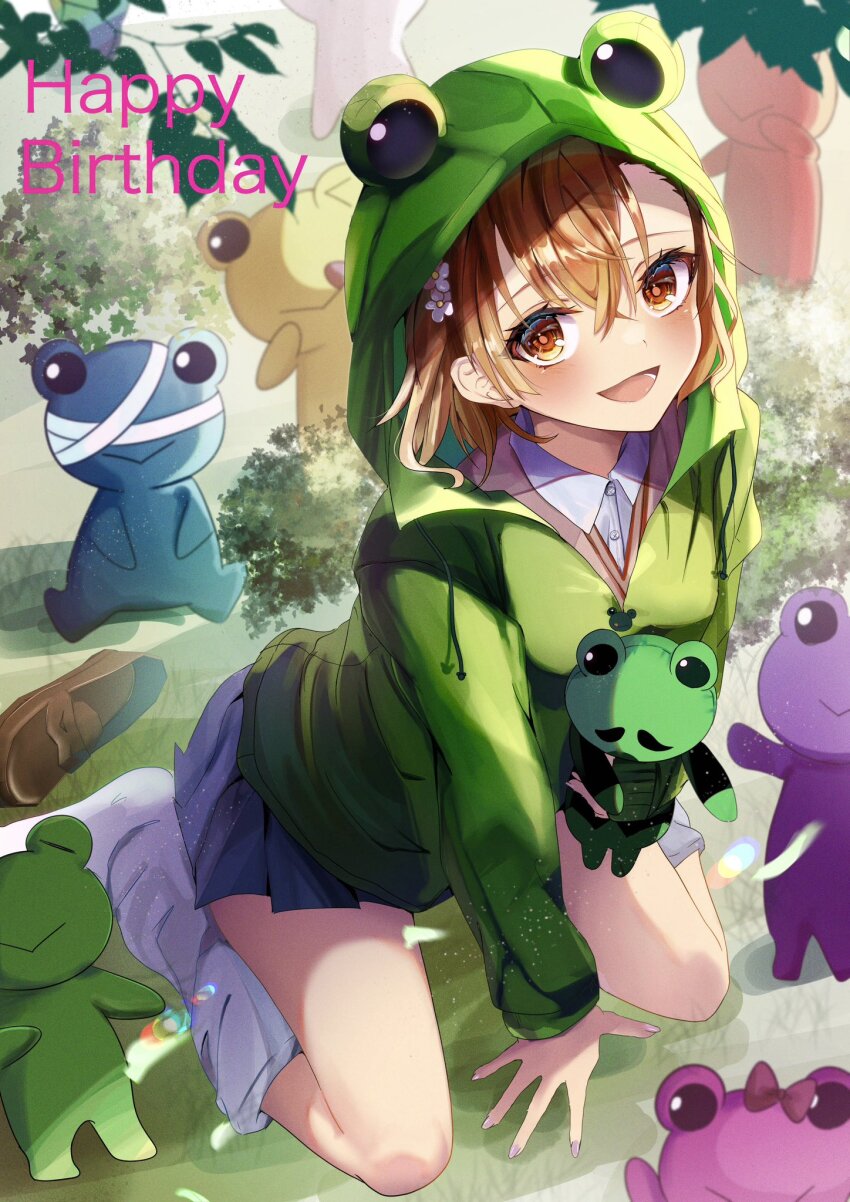 1girl, :d, animal_hood, bandaged_head, bandages, birthday, blue_skirt, blush