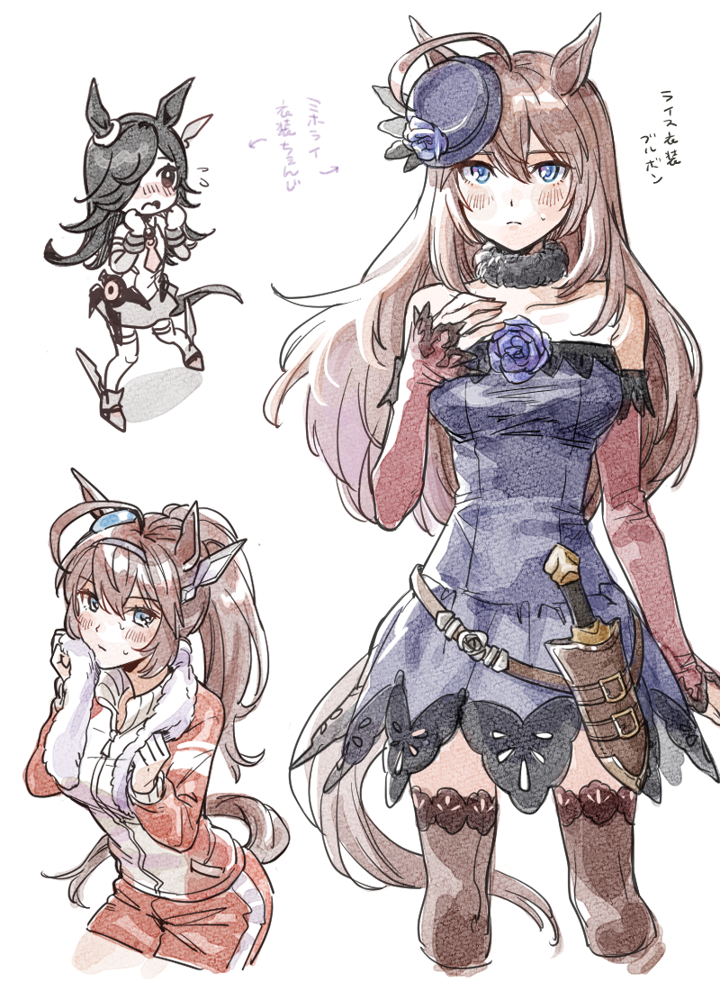 2girls, ahoge, alternate_hairstyle, animal_ears, bare_shoulders, black_hair, blue_dress, blue_flower