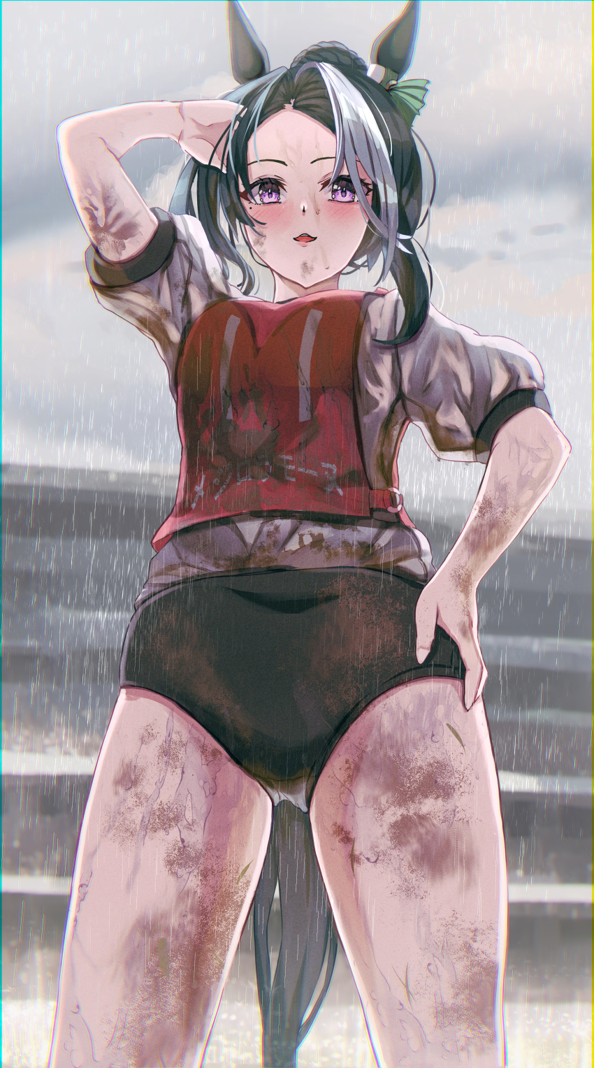 1girl, absurdres, animal_ears, arms_up, black_buruma, blush, buruma, cowboy_shot