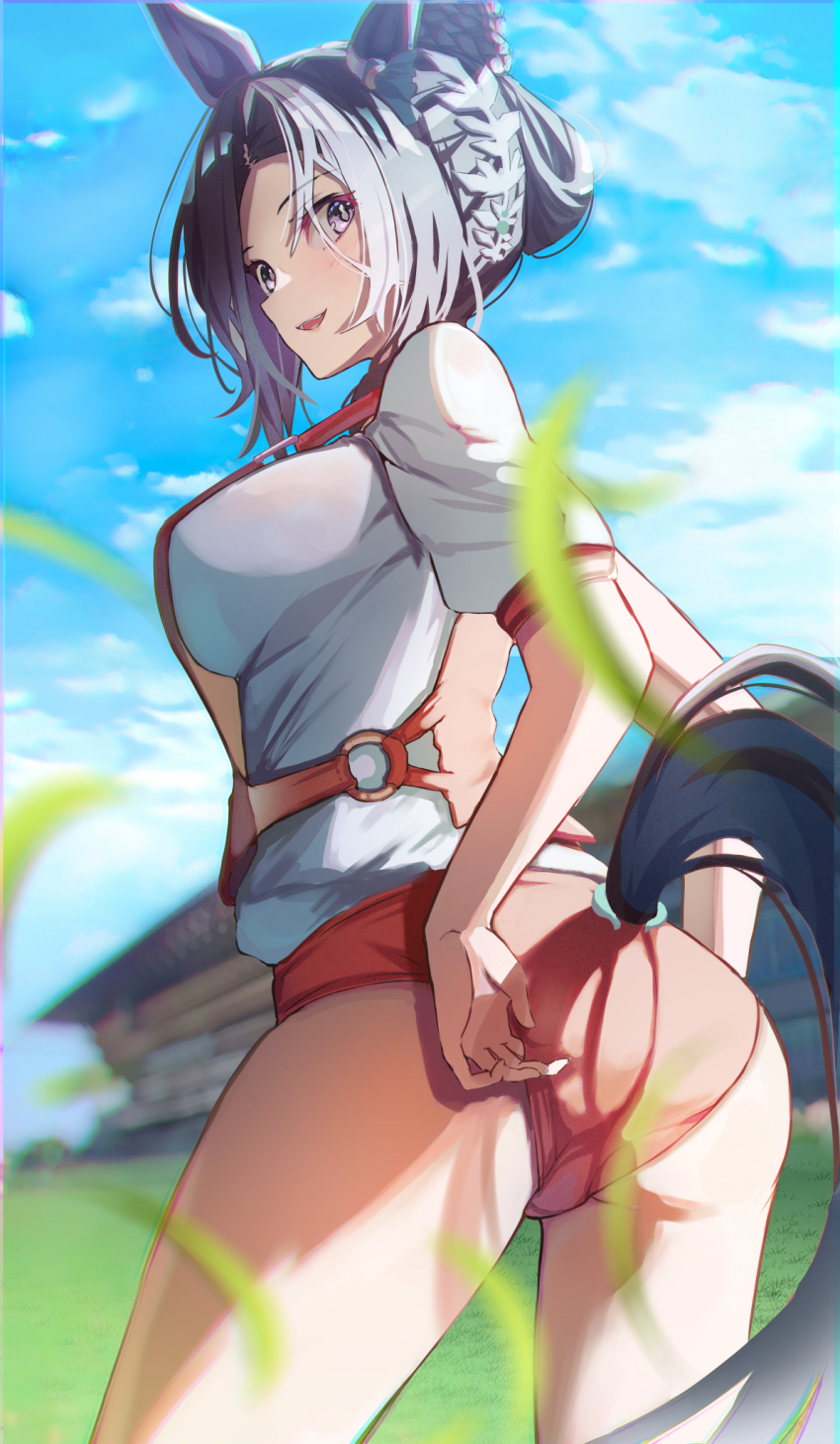 1girl, alternate_costume, animal_ears, ass, black_hair, breasts, buruma, clothing_cutout