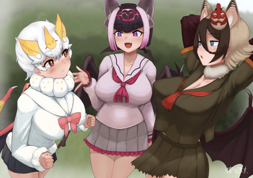 3girls, absurdres, animal_ears, arm_at_side, arms_behind_head, arms_up, bat_ears, bat_girl, bat_wings, black_hair, blue_eyes, bow, bowtie, breasts, brown_hair, cleavage, closed_mouth, common_vampire_bat_(kemono_friends), cowboy_shot, day, detached_collar, extra_ears, fang, fur-trimmed_sleeves, fur_collar, fur_trim, grey_hair, hair_between_eyes, hair_ornament, hand_up, head_wings, highres, hilgendorf's_tube-nose_bat_(kemono_friends), honduran_white_bat_(kemono_friends), huge_breasts, impossible_clothes, impossible_shirt, kemono_friends, large_breasts, leaning_forward, looking_at_another, mask, mask_on_head, medium_hair, microskirt, multicolored_hair, multiple_girls, multiple_wings, open_mouth, outdoors, paid_reward_available, parted_lips, pink_hair, pleated_skirt, purple_eyes, red_eyes, shibori_kasu, shirt, skirt, smile, tengu_mask, white_hair, wings