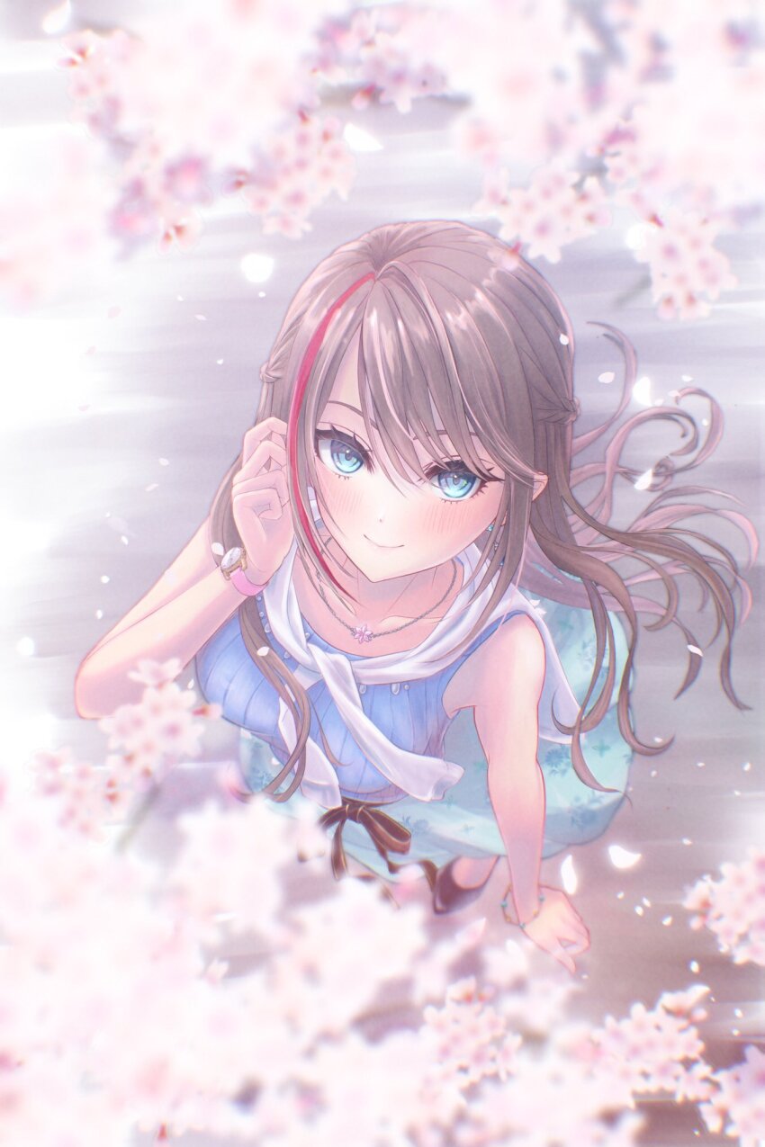 1girl, aqua_eyes, aqua_skirt, benio_(2pine2), black_footwear, blue_sweater, blurry, blurry_foreground