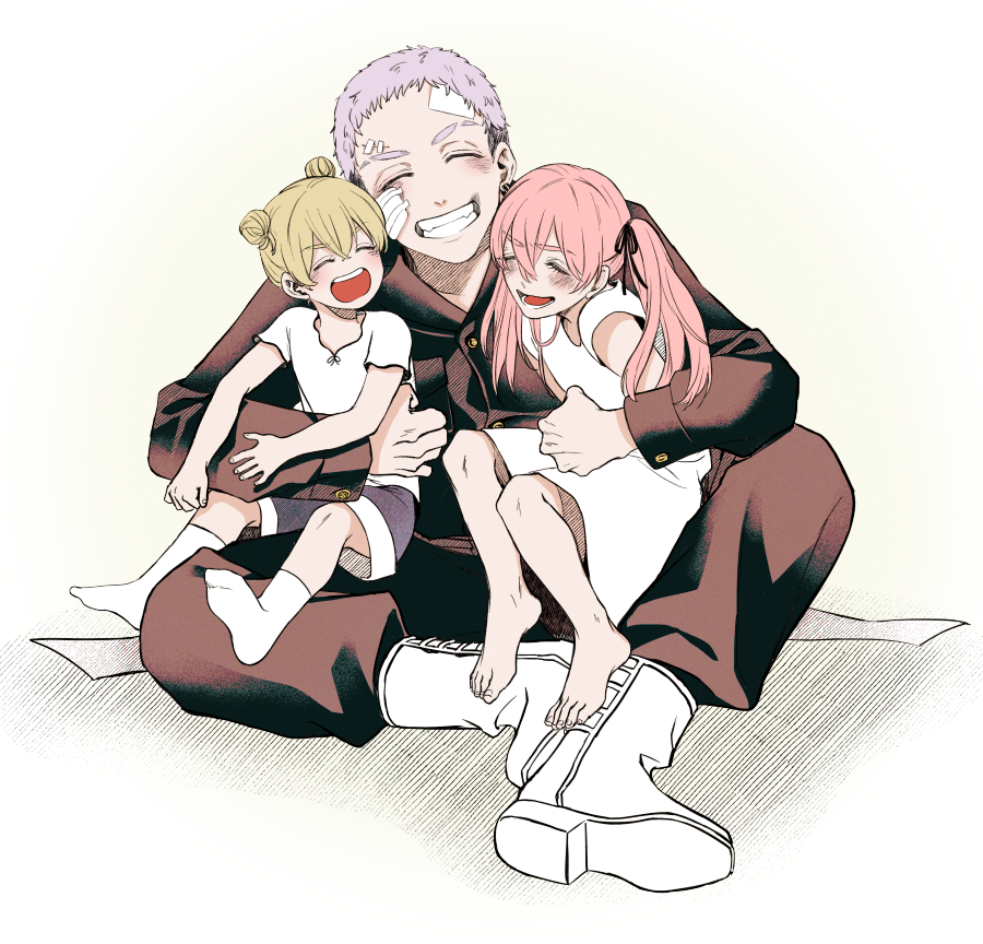 1boy, 2girls, :d, ^_^, bandage_on_face, bandages, black_jacket, black_pants