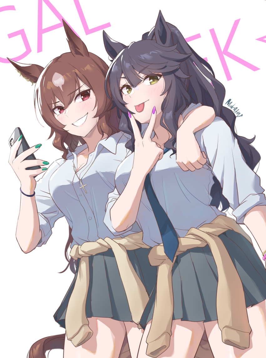 2girls, alternate_hairstyle, alternate_uniform, animal_ears, arm_around_shoulder, artist_name, black_hair, blue_necktie