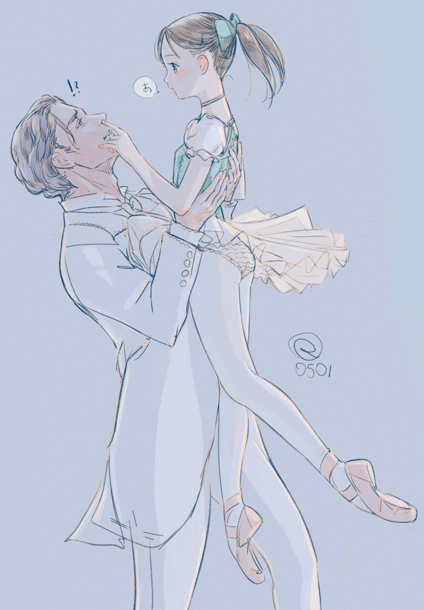 !?, 1boy, 1girl, age_difference, ballerina, ballet, ballet_slippers, blush, bow, choker, commentary_request, feet_out_of_frame, finger_in_another's_nose, full_body, hair_bow, highres, kokudou_juunigou, leotard, lifting_person, limited_palette, looking_at_another, medium_hair, original, pantyhose, ponytail, profile, short_sleeves, simple_background, sketch, tutu