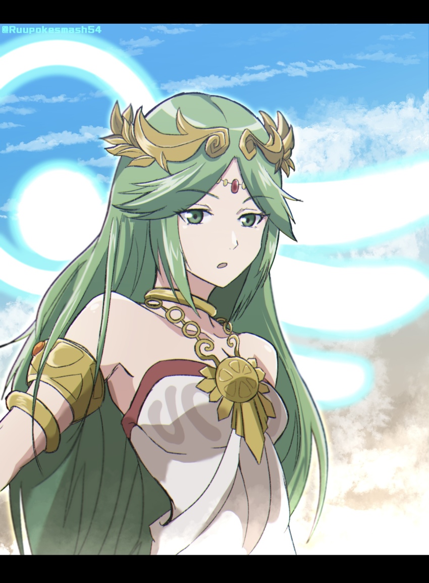 1girl, ancient_greek_clothes, armlet, bare_shoulders, blue_sky, chiton, forehead_jewel, green_eyes, green_hair, highres, jewelry, kid_icarus, letterboxed, long_hair, looking_at_viewer, nintendo, open_mouth, palutena, pendant, rune_(ruupokesmash54), sky, solo, twitter_username, upper_body, very_long_hair