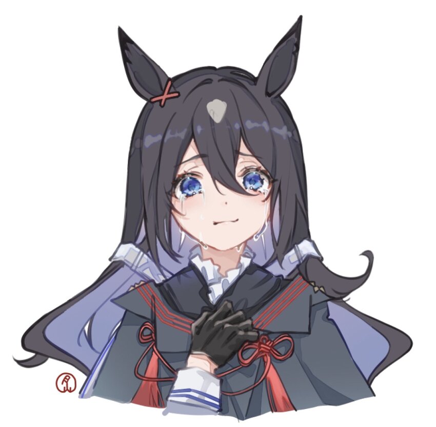 1girl, animal_ears, black_hair, blue_eyes, character_request, closed_mouth, commentary, crying