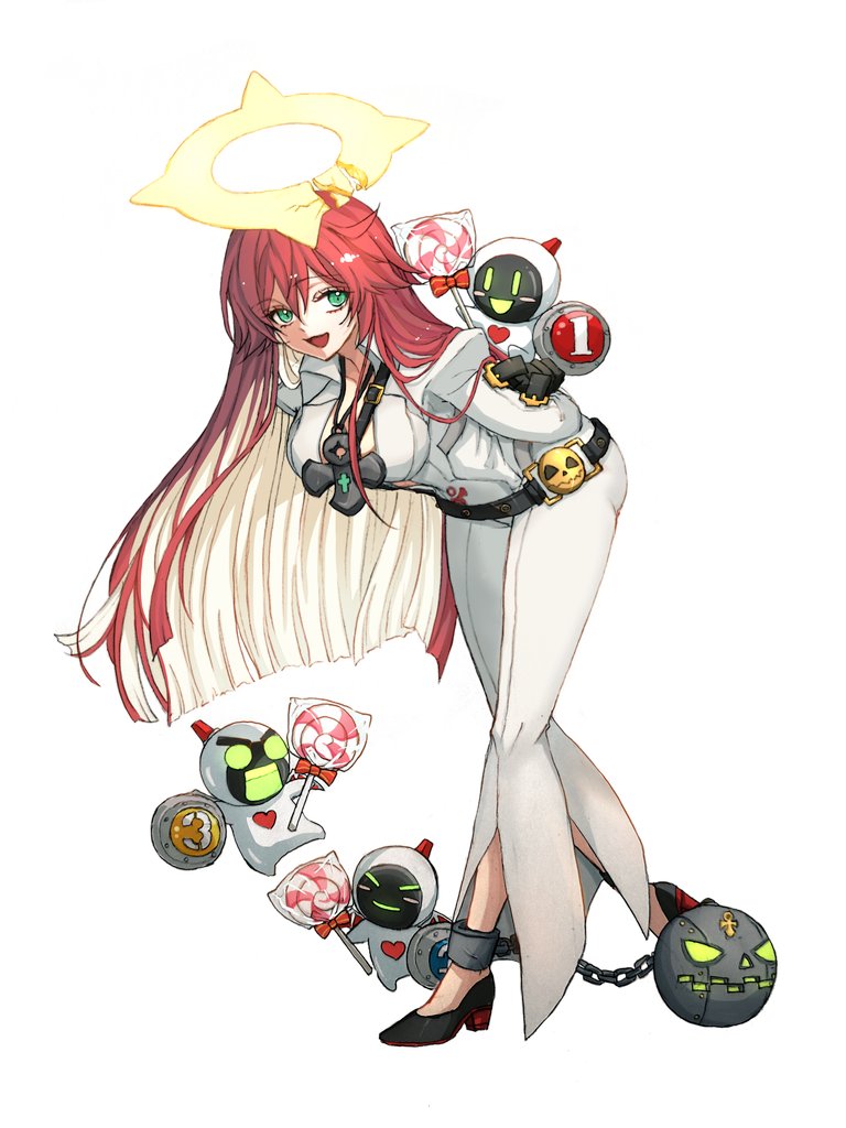 1girl, ankh_necklace, ball_and_chain_(weapon), ball_and_chain_restraint, bell-bottoms, belt, belt_buckle, black_footwear, blunt_ends, bodysuit, breasts, broken_halo, buckle, candy, cleavage, collared_shirt, colored_inner_hair, ebi_pri_shrimp, food, front_slit, glowing, glowing_eyes, glowing_mouth, green_eyes, guilty_gear, guilty_gear_strive, halo, high_heels, jack-o'_valentine, knight_servant, lancer_servant, large_breasts, lollipop, long_hair, long_sleeves, looking_at_viewer, magician_servant, mature_female, medium_breasts, messy_hair, multicolored_hair, pants, plunging_neckline, red_footwear, red_hair, shirt, skin_tight, skull_belt, smile, spiked_halo, too_many, too_many_belts, two-tone_footwear, very_long_hair, weapon, white_bodysuit, white_hair, white_pants, white_shirt