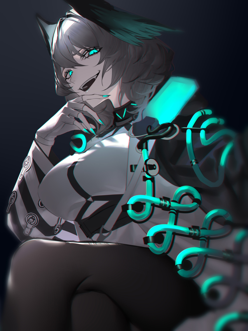 1girl, absurdres, aqua_eyes, aqua_nails, aqua_wings, arknights, between_breasts, black_pantyhose, breasts, dark_background, dress, evil_grin, evil_smile, fangs, feathered_wings, fingerless_gloves, fingernails, furittsu, gloves, glowing, glowing_eyes, grey_hair, grin, hair_between_eyes, hand_on_own_chin, head_wings, highres, ho'olheyak_(arknights), infection_monitor_(arknights), large_breasts, long_coat, long_sleeves, looking_at_viewer, looking_down, open_clothes, open_mouth, pantyhose, sharp_fingernails, sidelocks, sitting, slit_pupils, smile, solo, strap_between_breasts, teeth, upper_body, upper_teeth_only, white_dress, white_gloves, wings