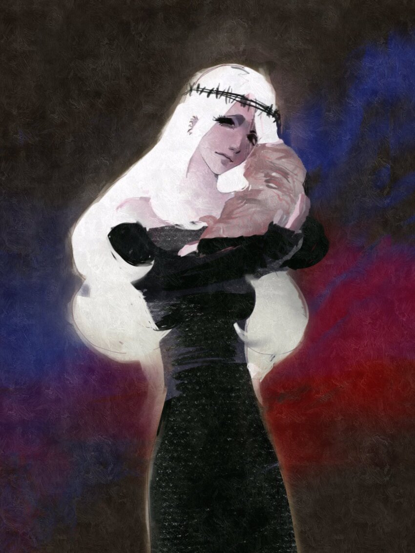 1girl, 1other, baby, black_dress, black_eyes, crown_of_thorns, dress, highres, hunter_x_hunter, long_hair, looking_at_viewer, maqimaqi0113, mature_female, morena_prudo, multicolored_background, white_hair