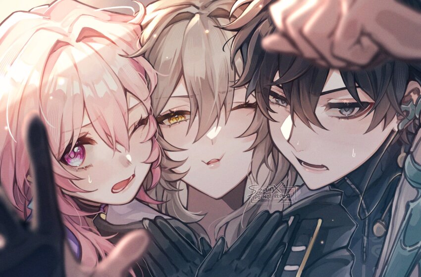 1boy, 2girls, against_fourth_wall, artist_name, black_gloves, black_hair, cheek_press, commentary