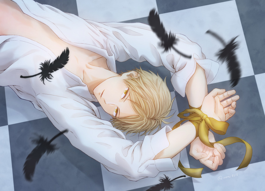 1boy, bdsm, black_feathers, blonde_hair, bondage, bound, collarbone, collared_shirt