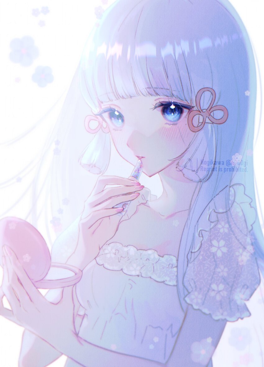 1girl, absurdres, applying_makeup, applying_own_makeup, artist_name, ayaka_(genshin_impact), blue_eyes, blue_hair