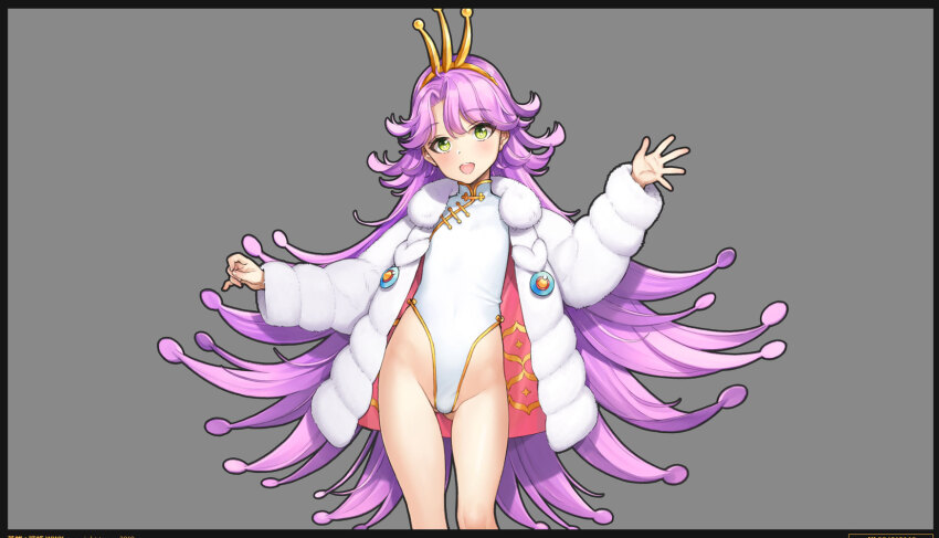 1girl, arm_up, bai_qi_(eiyuu_senki), bare_legs, blush, chinese-styled_leotard, chinese_clothes, coat, commentary_request, cowboy_shot, eiyuu_senki, eiyuu_senki_ww, green_eyes, grey_background, headpiece, highleg, highleg_leotard, highres, leotard, long_hair, looking_at_viewer, ooyari_ashito, open_clothes, open_coat, open_mouth, purple_hair, simple_background, smile, solo, white_coat, white_leotard