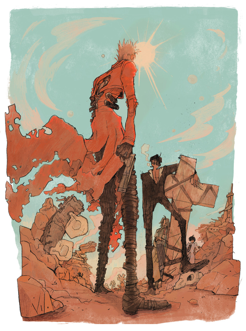 2boys, 2girls, absurdres, agl_arms_.45_long_colt, animal_skull, black_cat, black_gloves, black_hair