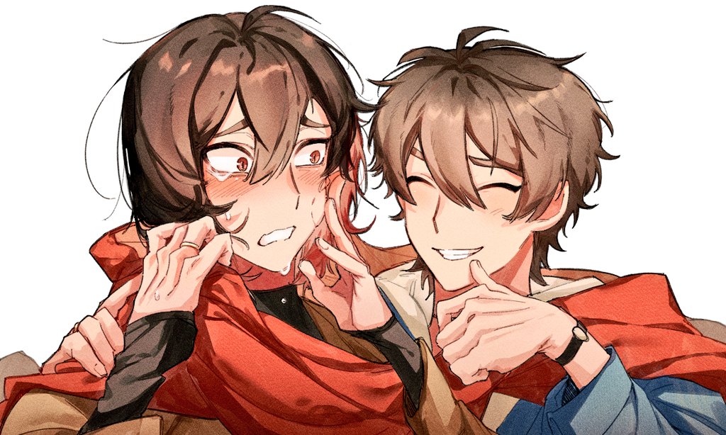 2boys, bishounen, bite_mark, blush, brown_eyes, brown_hair, colored_inner_hair, eiden_(nu_carnival), gom_pop, grin, long_sleeves, looking_at_another, looking_at_viewer, male_focus, multicolored_hair, multiple_boys, nu_carnival, red_eyes, red_hair, red_scarf, scarf, short_hair, slit_pupils, smile, tears, v, yakumo_(nu_carnival), yaoi