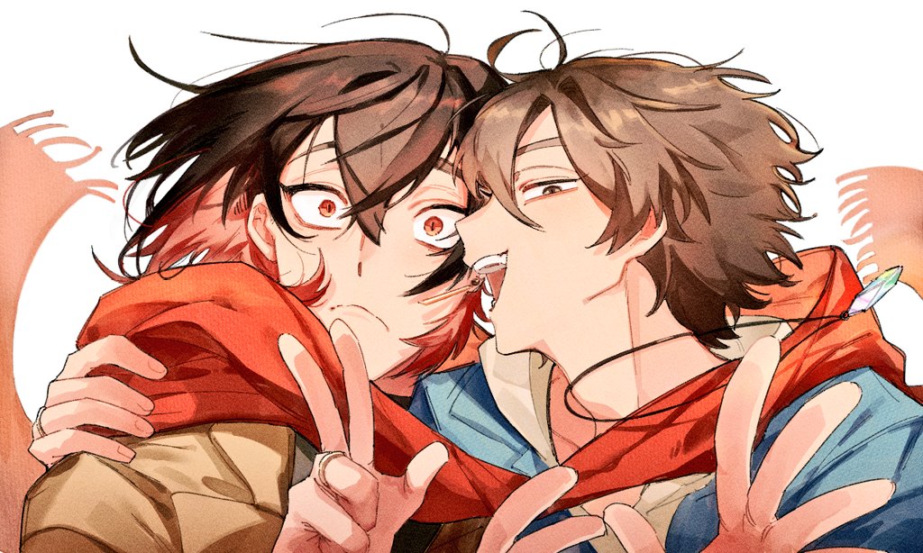 2boys, bishounen, brown_eyes, brown_hair, colored_inner_hair, eiden_(nu_carnival), gom_pop, imminent_bite, jewelry, long_sleeves, looking_at_viewer, male_focus, multicolored_hair, multiple_boys, necklace, nu_carnival, open_mouth, red_eyes, red_hair, red_scarf, ring, scarf, short_hair, slit_pupils, smile, v, yakumo_(nu_carnival), yaoi