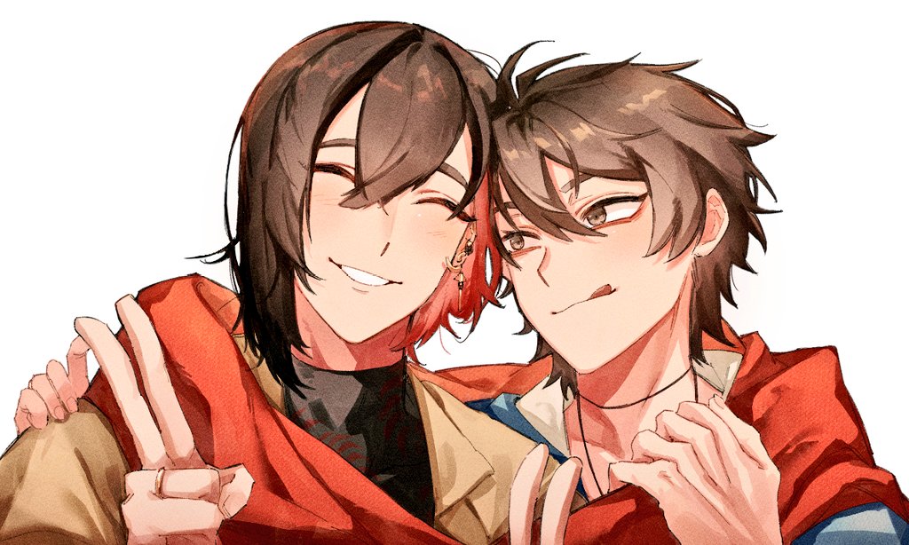 2boys, :p, bishounen, brown_eyes, brown_hair, colored_inner_hair, earrings, eiden_(nu_carnival)