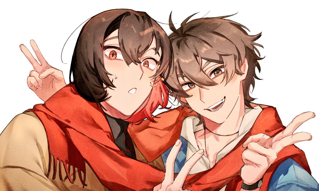 2boys, bishounen, brown_eyes, brown_hair, colored_inner_hair, eiden_(nu_carnival), gom_pop, long_sleeves