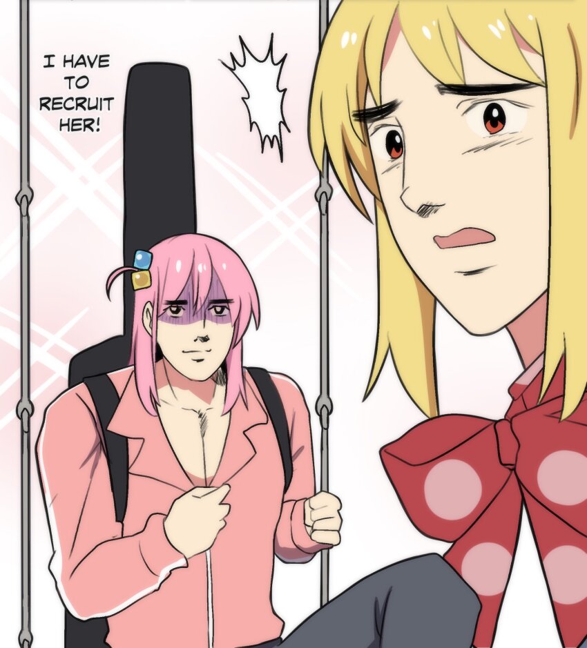 2girls, ahoge, backpack, bag, blonde_hair, bocchi_the_rock!, bow, bowtie, commentary, cube_hair_ornament, detached_ahoge, english_commentary, english_text, gotoh_hitori, guitar_case, hair_between_eyes, hair_ornament, highres, hinghoi, ijichi_nijika, instrument_case, jacket, kuso_miso_technique, long_hair, long_sleeves, manlification, multiple_girls, on_swing, one_side_up, parody, parted_lips, pink_hair, pink_jacket, red_bow, red_bowtie, red_eyes, school_uniform, shaded_face, side_ponytail, sidelocks, simple_background, smile, sparkle, style_parody, surprised, swing, track_jacket, turtleneck, turtleneck_jacket, undressing, yamakawa_jun'ichi_(style), yaranaika, zipper