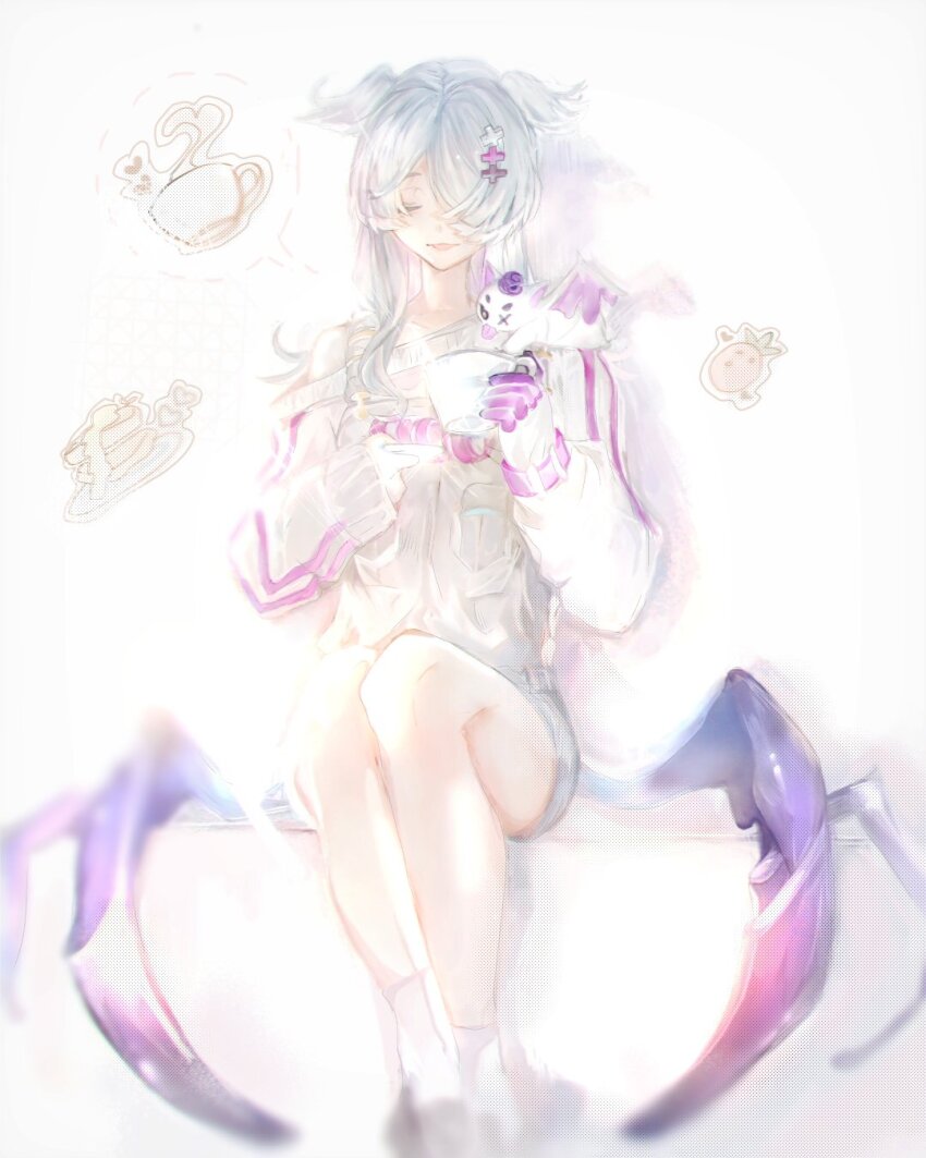 1girl, blue_hair, cake, closed_eyes, commentary, creature, creature_on_shoulder, cup, dragon, elira_pendora, elira_pendora_(1st_costume), english_commentary, fichu, food, fruit, gloves, grey_overalls, head_wings, heart, highres, holding, holding_cup, long_hair, long_sleeves, low_wings, muted_color, nijisanji, nijisanji_en, off_shoulder, on_shoulder, overall_shorts, overalls, pikl_(elira_pendora), pineapple, single_glove, sitting, sleeves_past_wrists, smile, solo, sweater, teacup, virtual_youtuber, white_background, white_gloves, white_sweater, wings