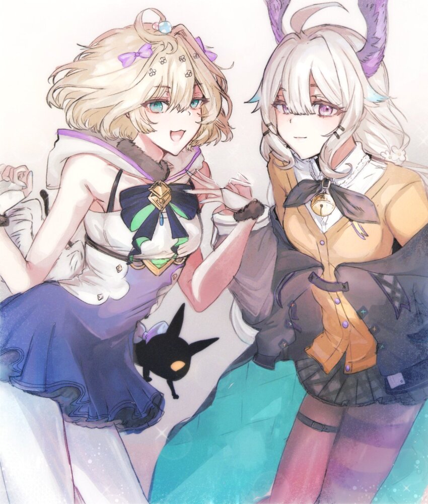 2girls, aqua_eyes, bell, black_bow, black_choker, black_jacket, blonde_hair, blue_dress