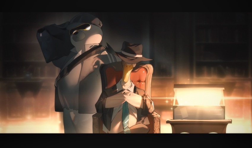 2boys, aqua_necktie, arknights, bag, bear, bird, black_headwear, black_jacket