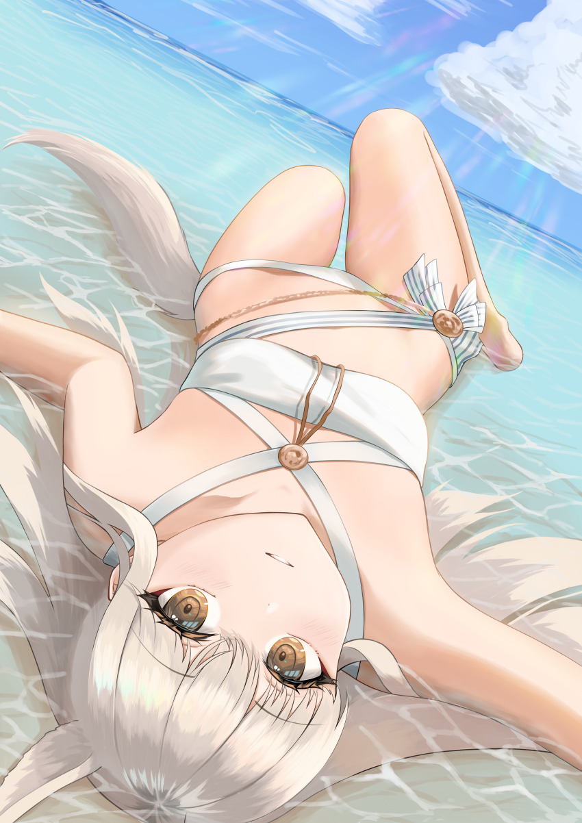 1girl, absurdres, animal_ears, arknights, bandeau, bare_legs, barefoot, bikini