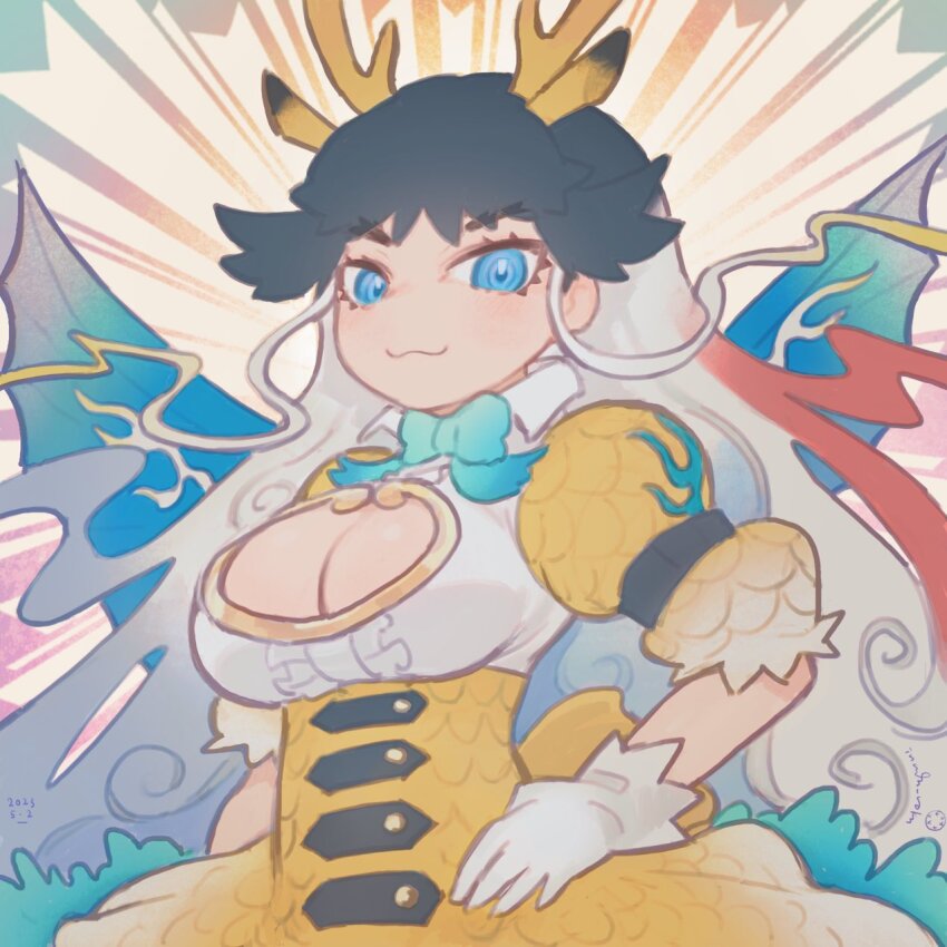 1girl, :3, animal_ears, blue_bow, blue_bowtie, blue_eyes, blue_hair, bow