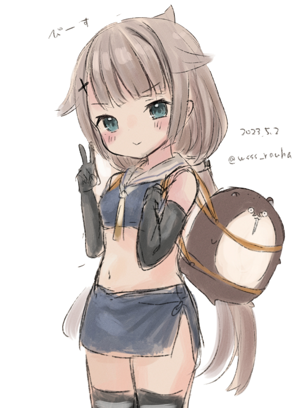 black_gloves, black_thighhighs, blue_skirt, bokukawauso, cosplay, cowboy_shot, crop_top, elbow_gloves