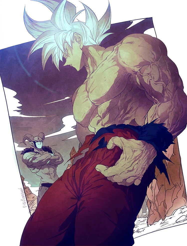 2boys, abs, artist_name, biceps, brown_horns, cloud, colored_skin, crossed_arms