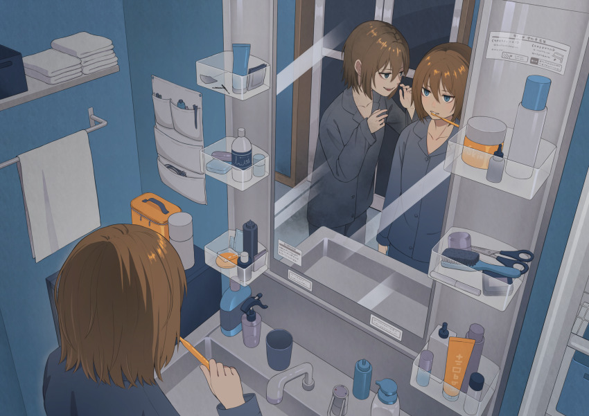 2girls, ashitana, bathroom, blue_eyes, brown_hair, brushing_teeth, commentary_request, cup