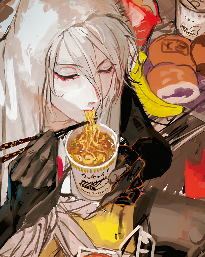 1boy, anman, banana, bishounen, chopsticks, closed_eyes, eating, egawa_akira