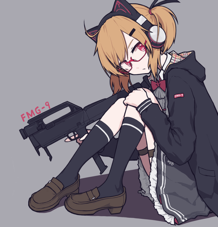 1girl, :/, ahoge, animal_ear_headphones, animal_ears, black_ribbon, black_socks, bow