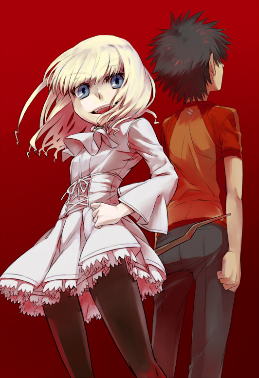 1boy, 1girl, age_difference, arms_at_sides, back-to-back, bare_arms, black_hair, black_thighhighs