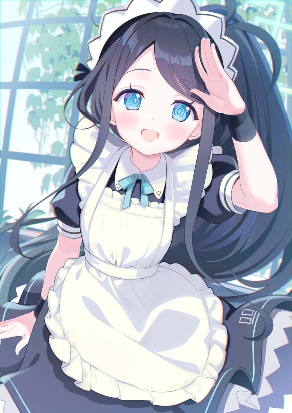 1girl, apron, aris_(blue_archive), aris_(maid)_(blue_archive), black_dress, black_hair, blue_archive, blue_eyes